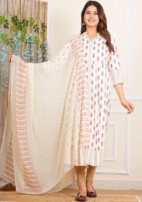 Off White Embroidered Poly Blended Kurta Sets
