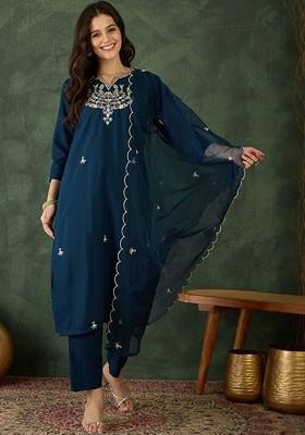 Navy Blue Embroidered Poly Blended Kurta Sets