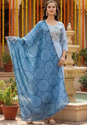 Turquoise Blue Embroidered Poly Blended Kurta Sets