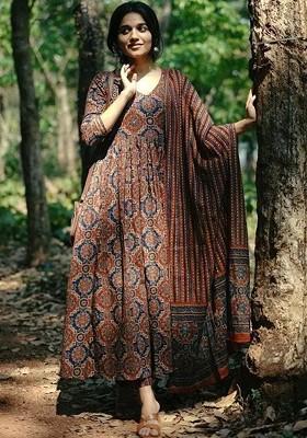 Brown Embroidered Poly Blended Kurta Sets