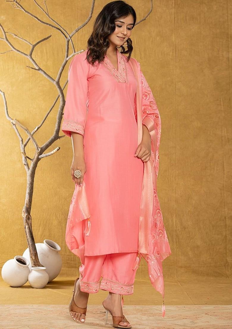 Peach Embroidered Poly Blended Kurta Sets - Indya