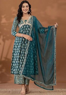 Teal Embroidered Poly Blended Kurta Sets