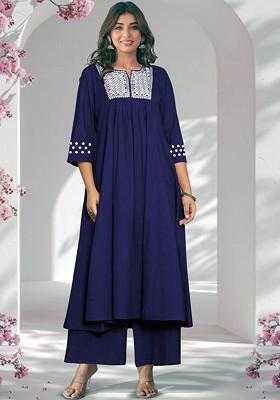 Navy Blue Embroidered Poly Blended Kurta Sets