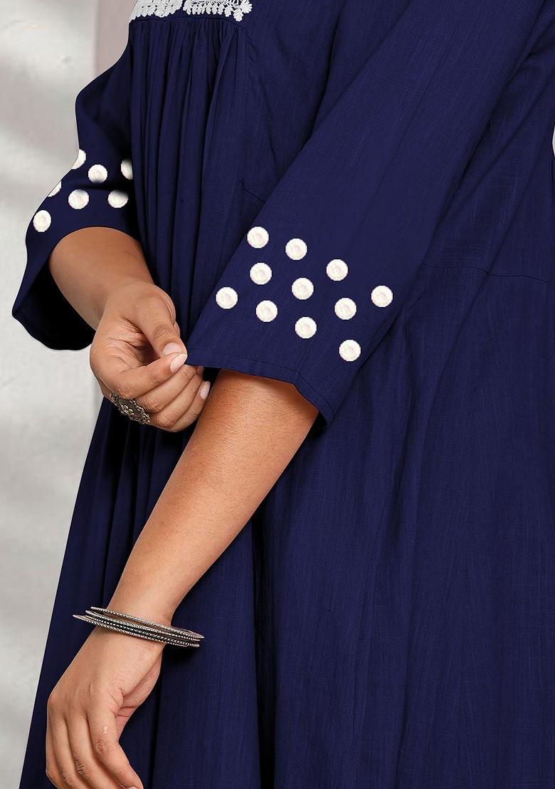 Navy Blue Embroidered Poly Blended Kurta Sets