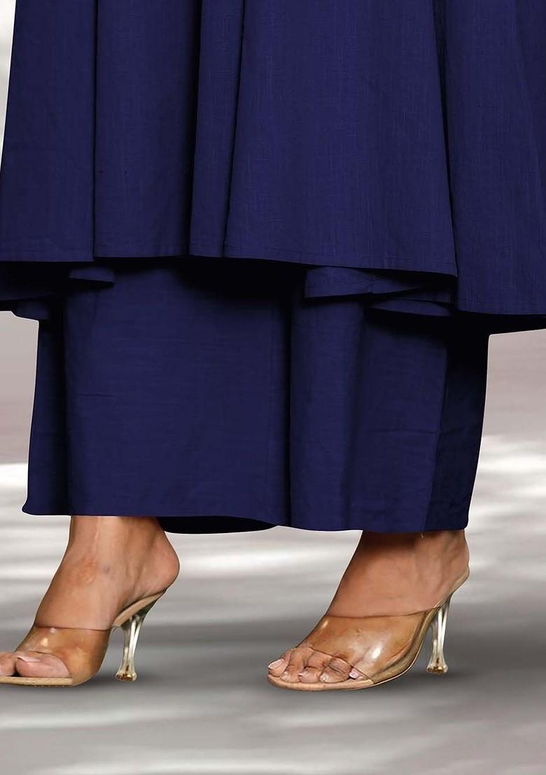 Navy Blue Embroidered Poly Blended Kurta Sets