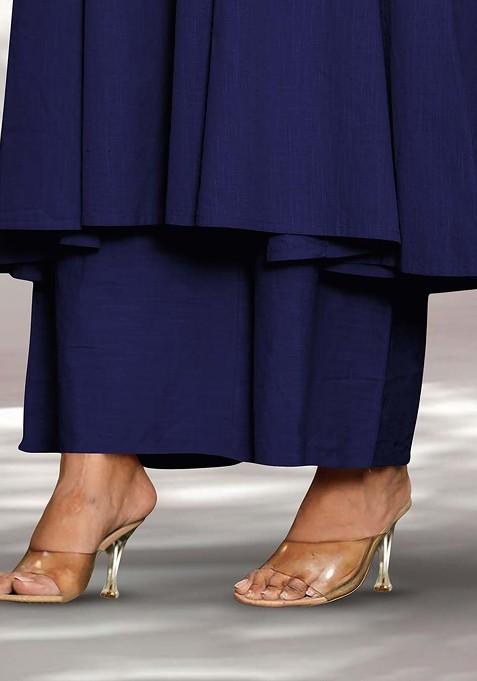 Navy Blue Embroidered Poly Blended Kurta Sets