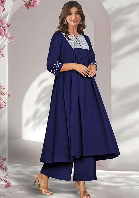 Navy Blue Embroidered Poly Blended Kurta Sets