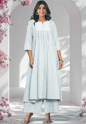 Light Blue Embroidered Poly Blended Kurta Sets