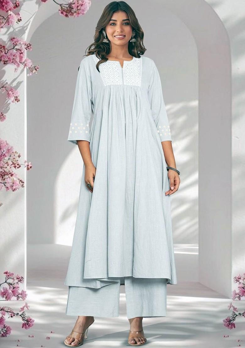Light Blue Embroidered Poly Blended Kurta Sets