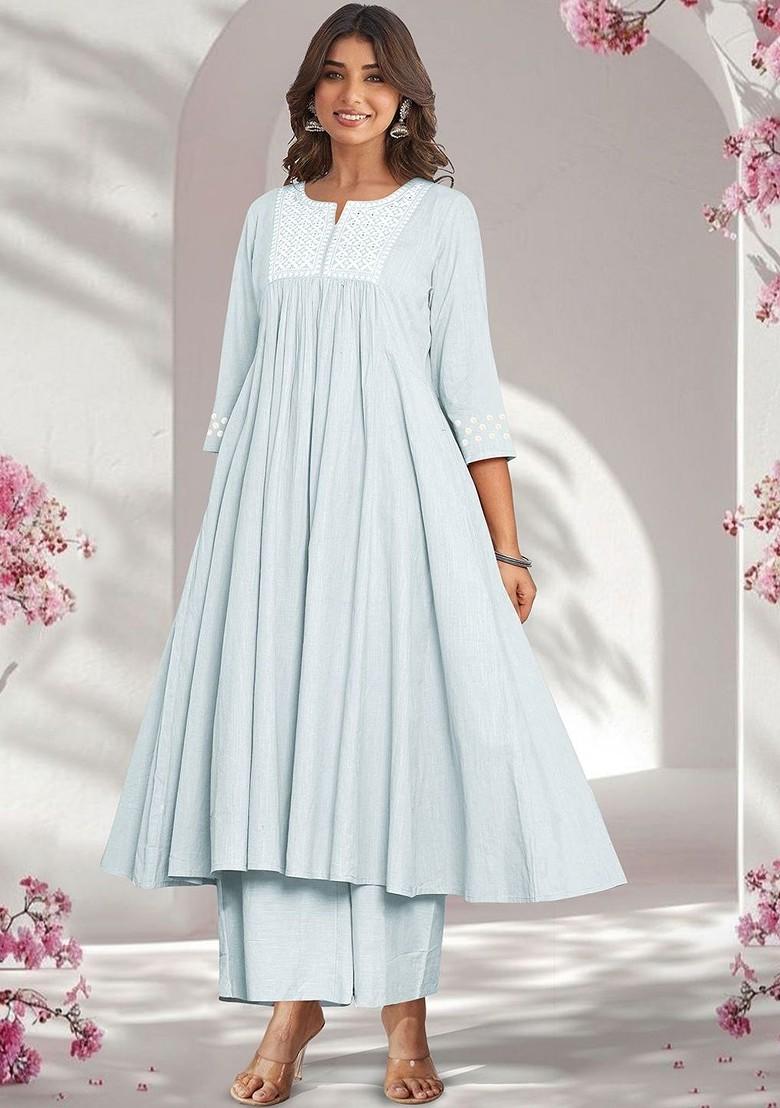 Light Blue Embroidered Poly Blended Kurta Sets