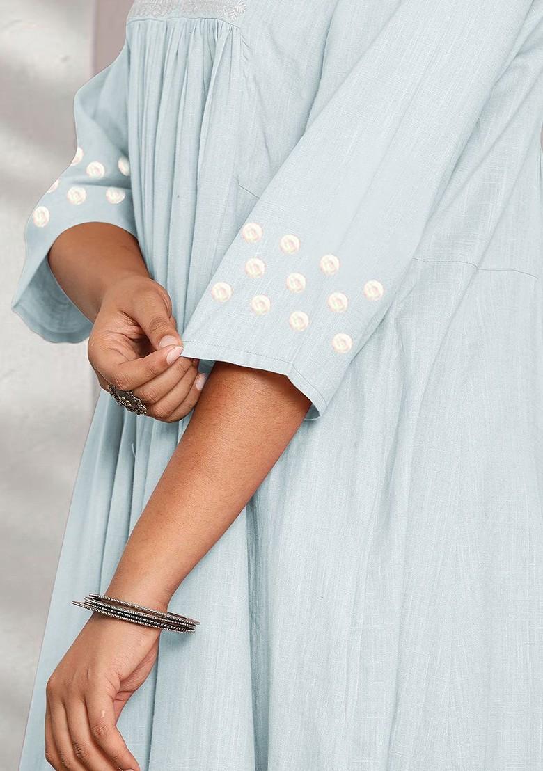 Light Blue Embroidered Poly Blended Kurta Sets