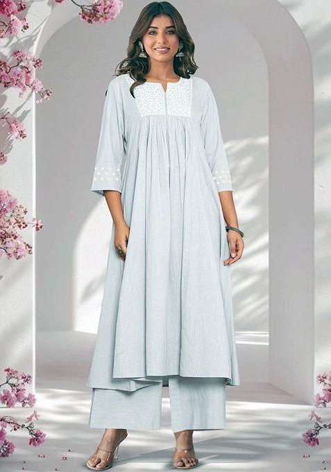 Light Blue Embroidered Poly Blended Kurta Sets