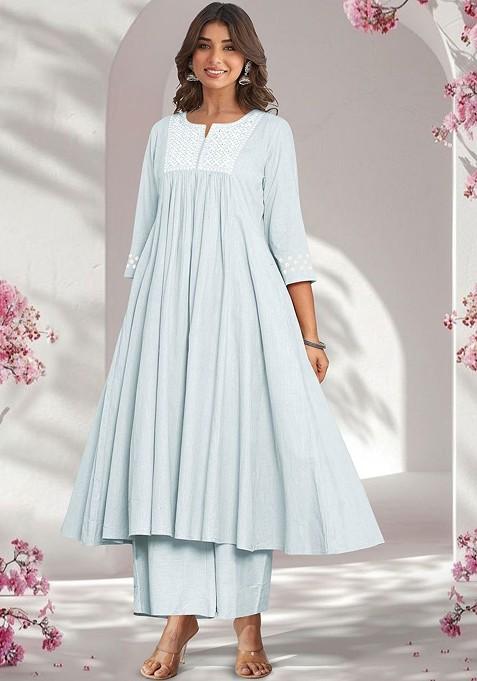 Light Blue Embroidered Poly Blended Kurta Sets