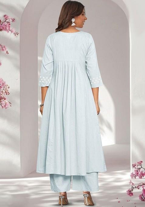 Light Blue Embroidered Poly Blended Kurta Sets