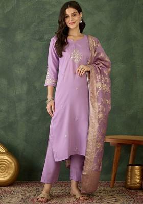 Lavender Embroidered Poly Blended Kurta Sets