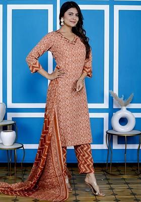 Peach Embroidered Poly Blended Kurta Sets