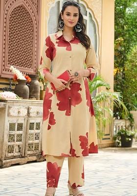 Beige Embroidered Poly Blended Kurta Sets