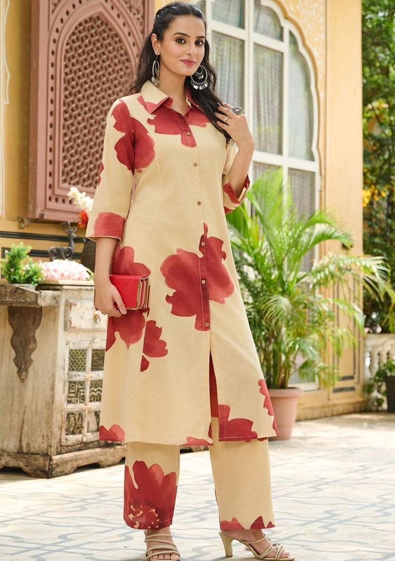 Beige Embroidered Poly Blended Kurta Sets - Indya
