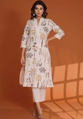 Off White Embroidered Poly Blended Kurta Sets