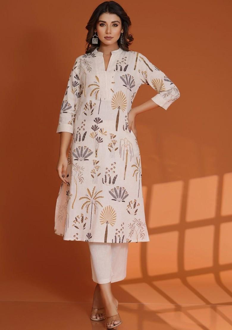 Off White Embroidered Poly Blended Kurta Sets - Indya