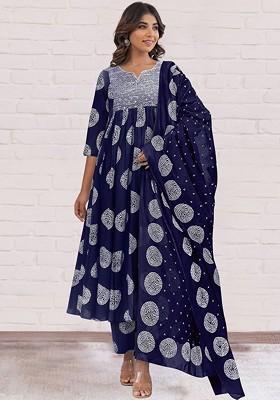 Navy Blue Embroidered Poly Blended Kurta Sets