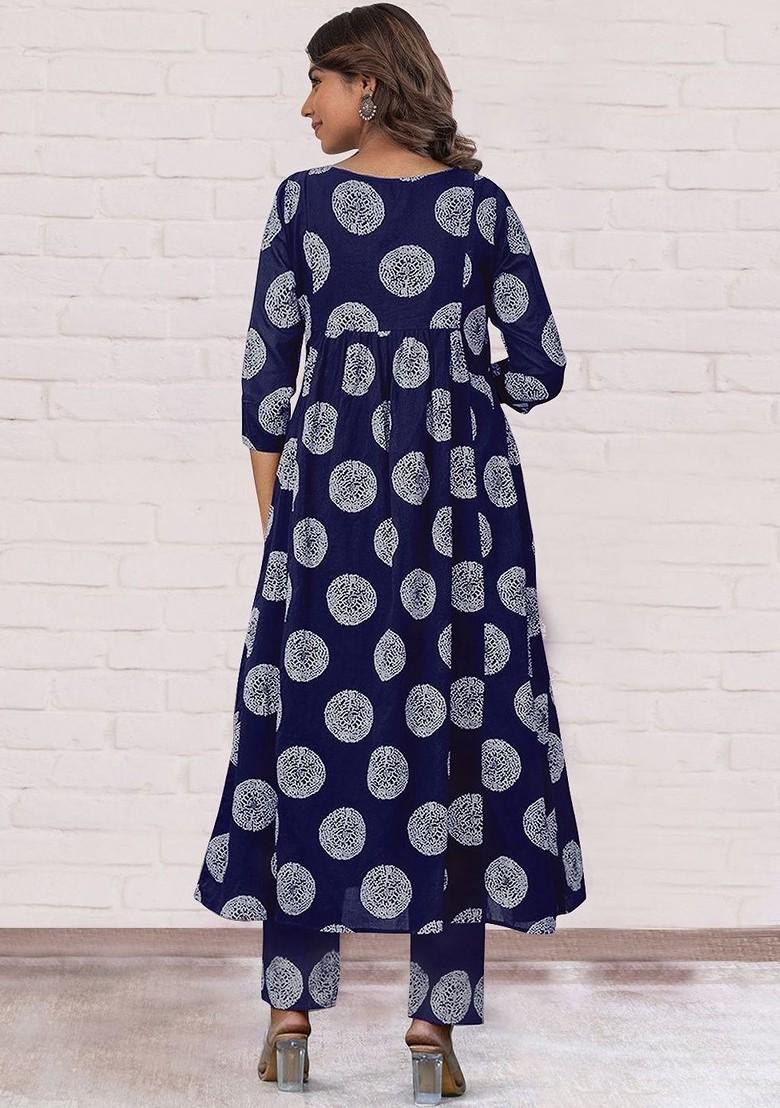 Navy Blue Embroidered Poly Blended Kurta Sets - Indya