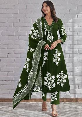 Olive Embroidered Poly Blended Kurta Sets
