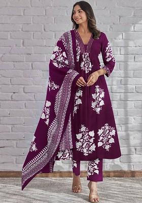 Burgundy Embroidered Poly Blended Kurta Sets