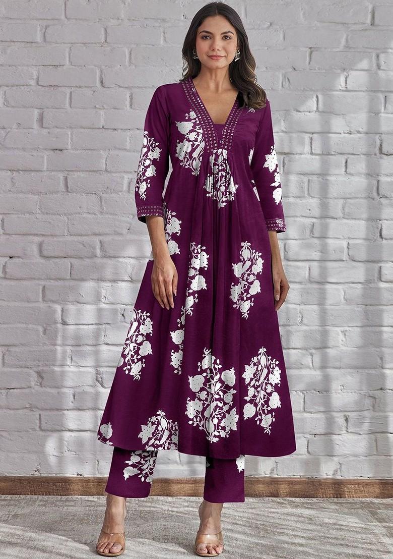 Burgundy Embroidered Poly Blended Kurta Sets - Indya