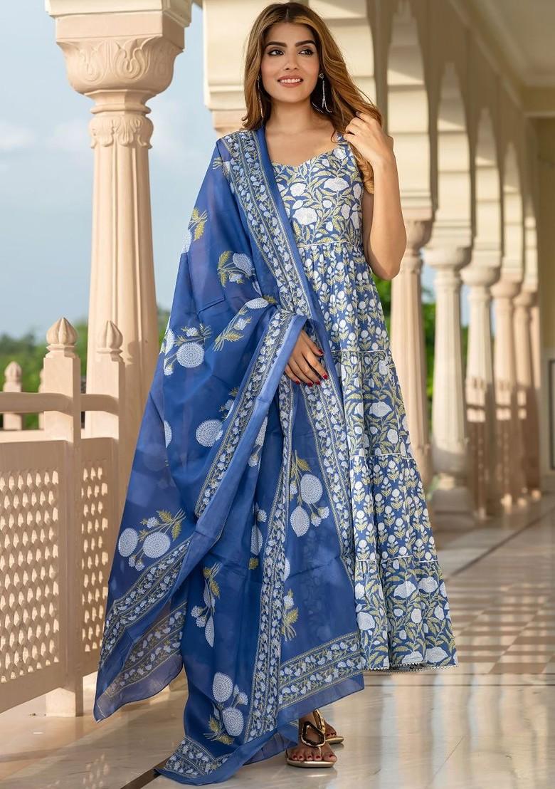 Navy Blue Embroidered Poly Blended Kurta Sets