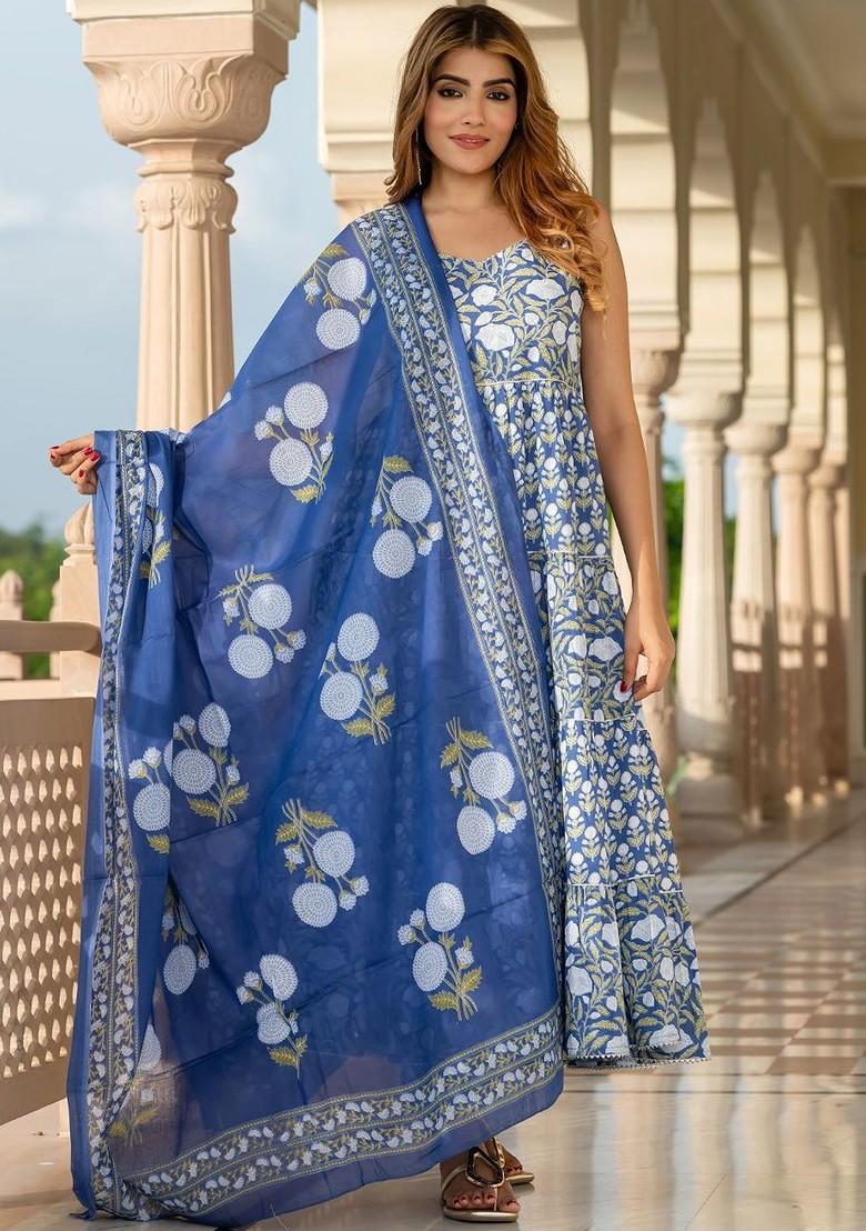 Navy Blue Embroidered Poly Blended Kurta Sets