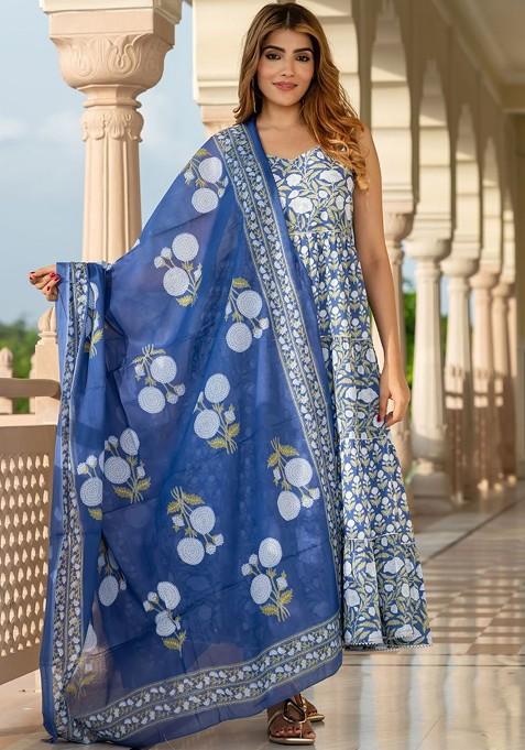 Navy Blue Embroidered Poly Blended Kurta Sets