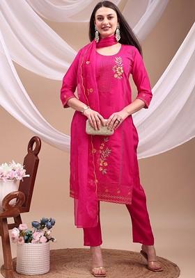 Fuchsia Embroidered Poly Blended Kurta Sets