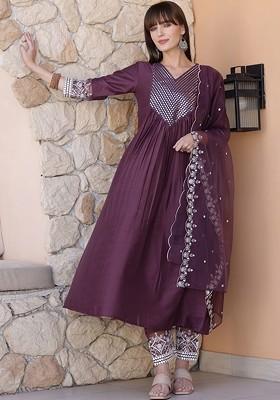 Mauve Embroidered Poly Blended Kurta Sets