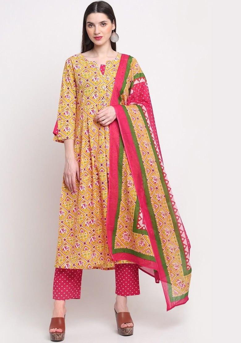 Mustard Embroidered Poly Blended Kurta Sets - Indya