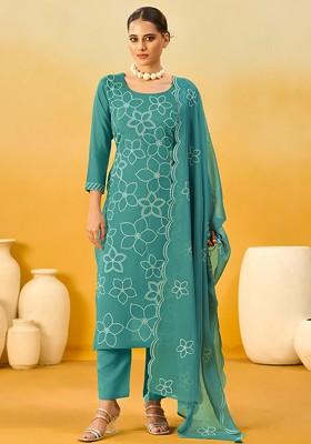 Teal Embroidered Poly Blended Kurta Sets