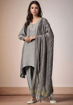 Grey Embroidered Poly Blended Kurta Sets