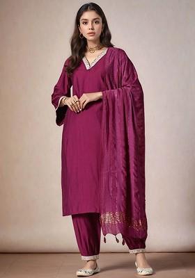Magenta Embroidered Poly Blended Kurta Sets