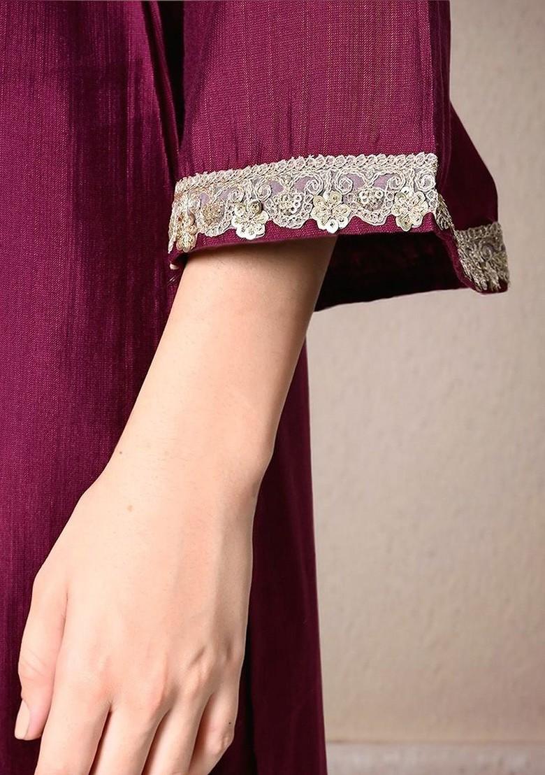 Magenta Embroidered Poly Blended Kurta Sets - Indya