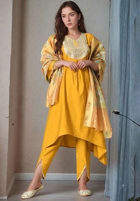 Mustard Embroidered Poly Blended Kurta Sets