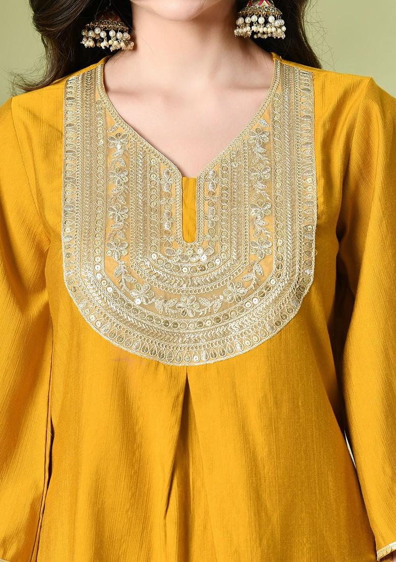 Mustard Embroidered Poly Blended Kurta Sets - Indya