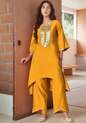 Mustard Embroidered Poly Blended Kurta Sets