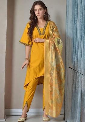 Mustard Embroidered Poly Blended Kurta Sets