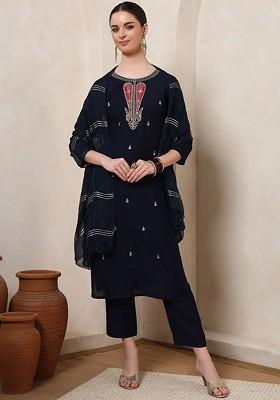 Navy Blue Embroidered Poly Blended Kurta Sets