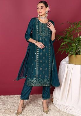 Teal Embroidered Poly Blended Kurta Sets