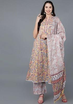 Mustard Embroidered Poly Blended Kurta Sets