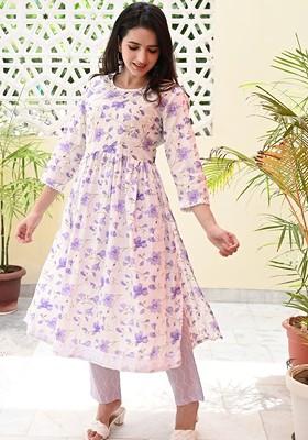 Beige Embroidered Poly Blended Kurta Sets