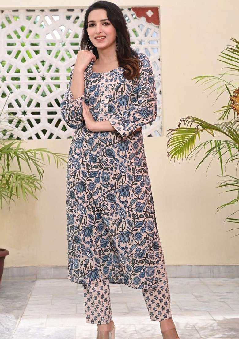 Beige Embroidered Poly Blended Kurta Sets - Indya