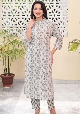 Grey Embroidered Poly Blended Kurta Sets
