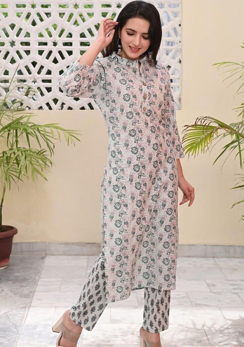 Grey Embroidered Poly Blended Kurta Sets - Indya